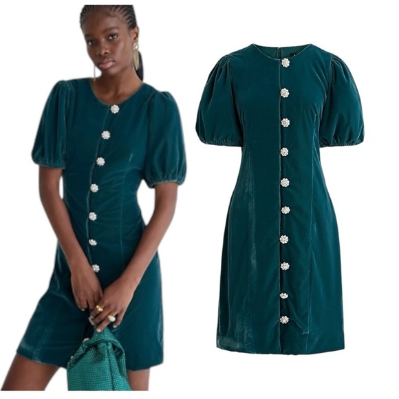 J. CREW COLLECTION $189 OLD FOREST GREEN VELVET JEWELED BUTTON FRONT Dress 4 - Picture 1 of 7